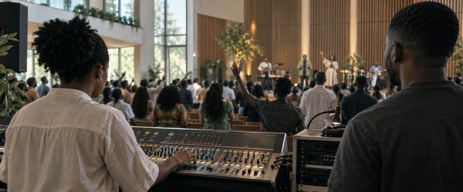 Two church production operators prepare for a service from the sound desk.